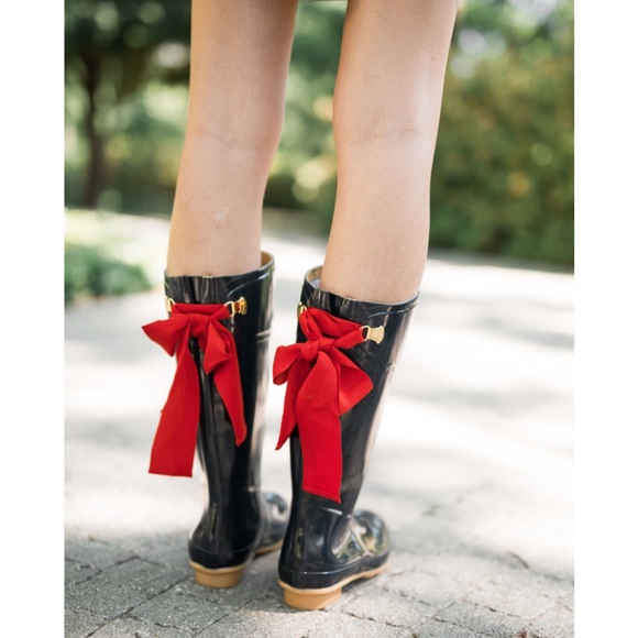 JOULES EVEDON BLACK RUBBER RAIN BOOTS TALL WITH PINK BACK RIBBON IN SIZE 7 - Picture 6 of 13